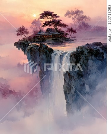 Serene Waterfall with Tranquil House and Scenic Mountainscape Serene Waterfall with Tranquil House and Scenic Mountainscape 133718098