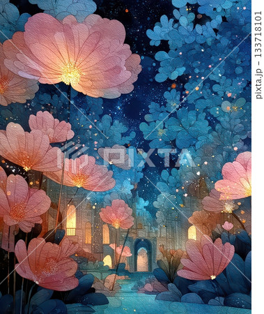 Enchanted Garden with Vibrant Flowers and Starry Night Sky 133718101