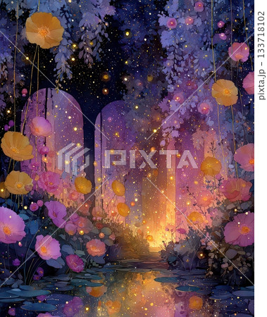 Enchanted Garden with Flowers and Magical Starry Background 133718102