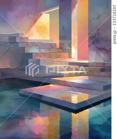 Dreamy Abstract Staircase with Soft Light Reflections in Water Dreamy Abstract Staircase with Soft Light Reflections in Water 133718107