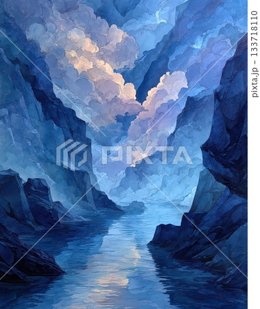 Serene Blue Landscape with Clouds and Peaceful River Reflections 133718110