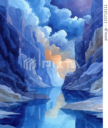Serene Blue Canyon Landscape with Reflections and Dramatic Clouds 133718111