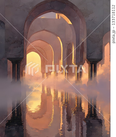 Serene Architectural Reflection in a Mystical Misty Landscape 133718112