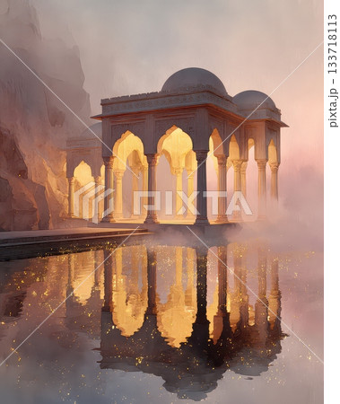 Majestic Pavilion Reflected in Serene Water with Ethereal Glow 133718113