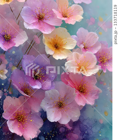 Beautifully Colored Blossoms with Soft Pastel Hues and Golden Details Beautifully Colored Blossoms with Soft Pastel Hues and Golden Details 133718119