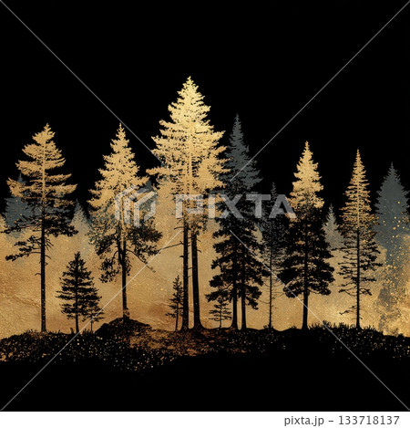 Silhouetted Forest Trees Against a Glowing Golden Background 133718137