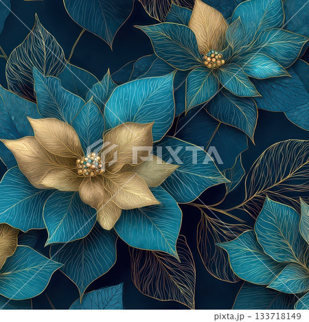 Abstract Floral Design with Blue and Gold Elements on Dark Background 133718149