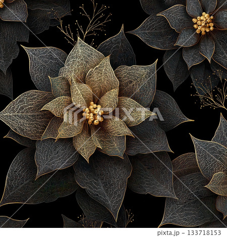 Elegant Floral Pattern with Golden Poinsettias on Black Background 133718153