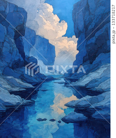 Serene Blue Canyon with Reflective Water and Dramatic Sky Colors Serene Blue Canyon with Reflective Water and Dramatic Sky Colors 133718217