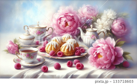Elegant Afternoon Tea Party with Pink Peonies, Raspberry Cakes, and Vintage China 133718603