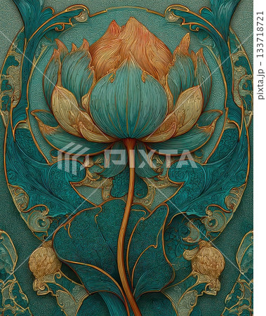 Intricate Floral Design with Vibrant Lotus Flower and Swirling Patterns Intricate Floral Design with Vibrant Lotus Flower and Swirling Patterns 133718721