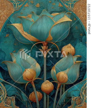 Exquisite Blue Lotus Flowers with Gold Accents on Turquoise Background Exquisite Blue Lotus Flowers with Gold Accents on Turquoise Background 133718722