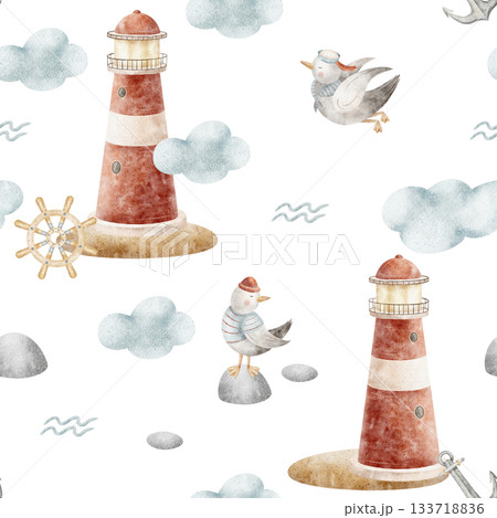 Pattern lighthouse, seagulls sailors flying in clouds. Watercolor illustrations anchor steering wheel hand-drawn in nautical children's style, isolated background for design fabrics clothing wallpaper Pattern lighthouse, seagulls sailors flying in clouds. Watercolor illustrations anchor steering wheel hand-drawn in nautical children's style, isolated background for design fabrics clothing wallpaper 133718836