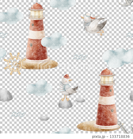 Pattern lighthouse, seagulls sailors flying in clouds. Watercolor illustrations anchor steering wheel hand-drawn in nautical children's style, isolated background for design fabrics clothing wallpaper 133718836