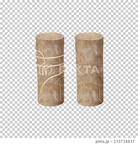 Wooden poles, logs of coastal pier, wrapped rope. Hand-drawn watercolor illustration in nautical style, isolated from background. Elements for design with ocean decor, cards, invitations, greetings 133718837