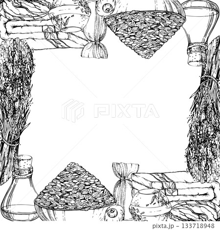 Lavender oil seeds bundle and botanical beauty items: natural soap, spa bath towels, aroma sachet bags. Isolated frame illustration hand drawn in vector ink. Botanical wrapping, rustic floral gift 133718948