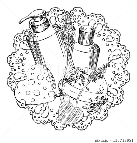 Bath bomb, shampoo gel bottles, lavender lavandula flower sprigs, striped and dotted hearts on round paper doily. Isolated illustration hand drawn in vector ink. Natural skincare solution, spa salon Bath bomb, shampoo gel bottles, lavender lavandula flower sprigs, striped and dotted hearts on round paper doily. Isolated illustration hand drawn in vector ink. Natural skincare solution, spa salon 133718951