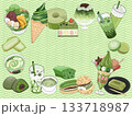 抹茶スイーツのイラストセット（文字無し、波模様背景） 133718987
