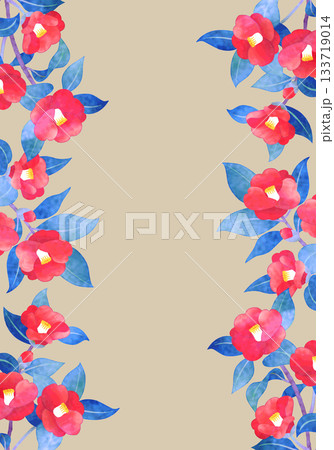 手描き水彩風　椿のフレーム　 133719014