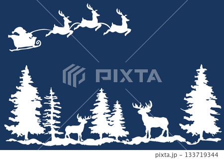 サンタともみの木とトナカイのシルエット｜冬の森の背景イラスト素材 133719344