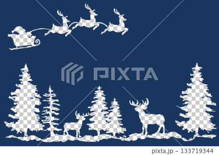 サンタともみの木とトナカイのシルエット｜冬の森の背景イラスト素材 133719344