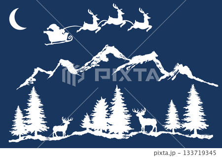 月とサンタともみの木とトナカイのシルエット｜冬の森の背景イラスト素材 133719345