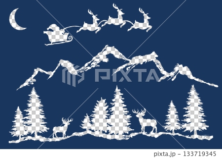 月とサンタともみの木とトナカイのシルエット｜冬の森の背景イラスト素材 133719345