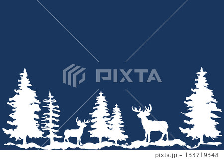 もみの木とトナカイのシルエット｜冬の森の背景イラスト素材 133719348