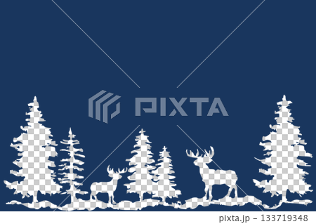 もみの木とトナカイのシルエット｜冬の森の背景イラスト素材 133719348