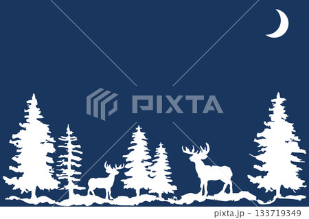 月ともみの木とトナカイのシルエット|冬の森の背景イラスト素材 月ともみの木とトナカイのシルエット|冬の森の背景イラスト素材 133719349