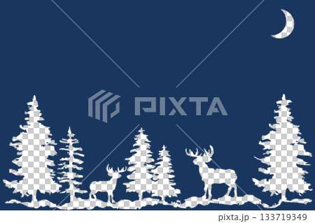 月ともみの木とトナカイのシルエット|冬の森の背景イラスト素材 月ともみの木とトナカイのシルエット|冬の森の背景イラスト素材 133719349