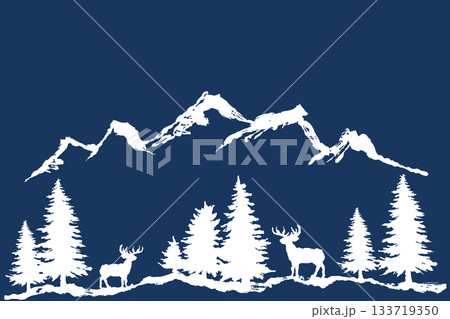 もみの木とトナカイのシルエット｜冬の森の背景イラスト素材 133719350