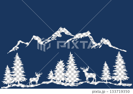 もみの木とトナカイのシルエット｜冬の森の背景イラスト素材 133719350
