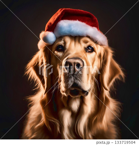 Portrait of a  golden retriever in santa hat.  Merry Christmas and Happy New Year.  AI Generative. 133719504