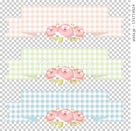 一組可愛的玫瑰花和格子花紋絲帶相框。花卉向量圖。 一組可愛的玫瑰花和格子花紋絲帶相框。花卉向量圖。 133719924