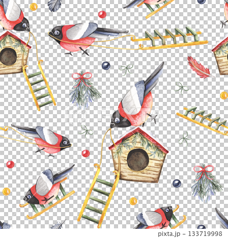 Watercolor winter birds and birdhouses seamless pattern 133719998