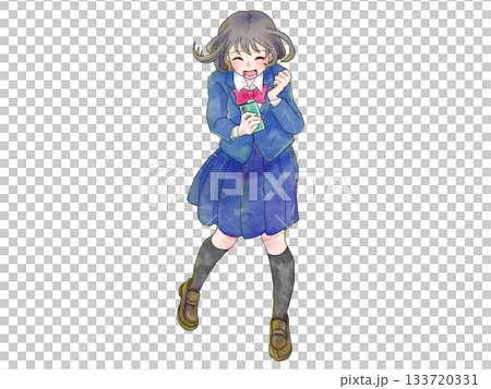 圖：一位女學生正開心興奮地看著她的智慧型手機 133720331