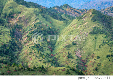 渋峠に広がる緑の山肌と秋色が入り始めた山並み（長野県山ノ内町） 133720811