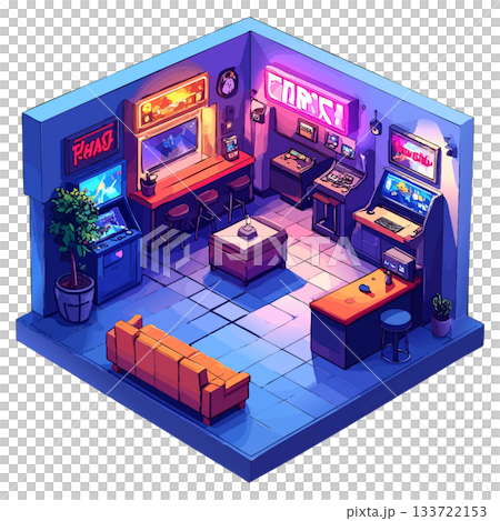 方形房間霓虹色遊戲中心，商店/工作圖示/插畫素材 133722153