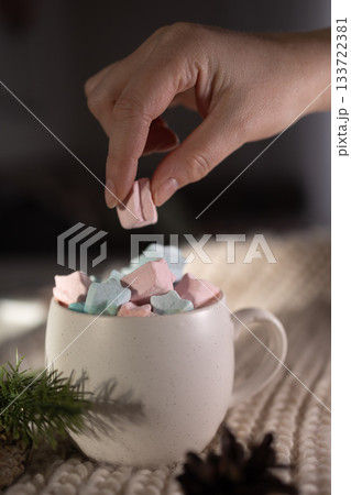 relaxing scene with soft marshmallow mug, family enjoying warm drink on plush blanket in setting relaxing scene with soft marshmallow mug, family enjoying warm drink on plush blanket in setting 133722381