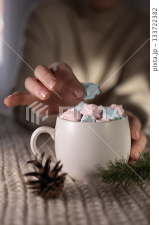 comfortable flatlay with warm elements, relaxed setting showcasing marshmallow with seasonal decor 133722382