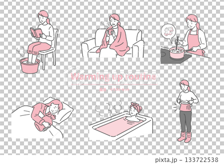 冷え性対策・温活ルーティンセット。自宅で体温を上げる女性のイラスト 冷え性対策・温活ルーティンセット。自宅で体温を上げる女性のイラスト 133722538