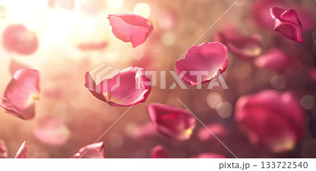Elegant Soft Rose Petals Floating in the Air with Warm Lighting, Romantic Dreamy Background Design 133722540