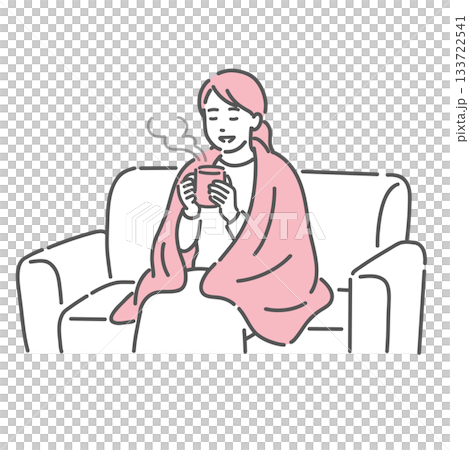 Illustration of a woman drinking a hot drink at home, relaxing under a blanket. 133722541