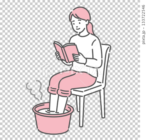 自宅で足湯をする女性のイラスト。読書でリラックス。 133722546