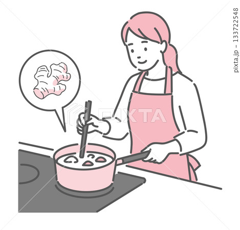 生姜を使って料理をする女性のイラスト。健康的な食事の準備。 133722548