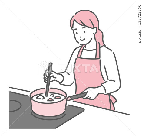 キッチンで料理をする女性のイラスト（エプロン・調理） 133722550