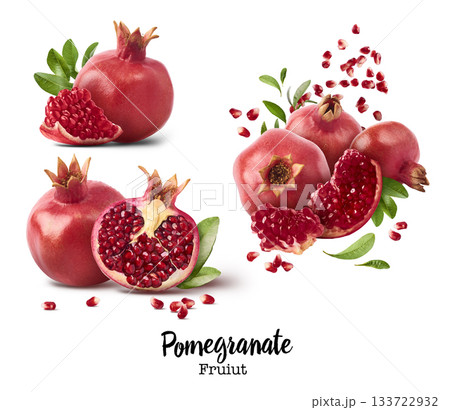 Flying in air fresh ripe whole and cut pomegranate with seeds and leaves isolated. High resolution image Flying in air fresh ripe whole and cut pomegranate with seeds and leaves isolated. High resolution image 133722932