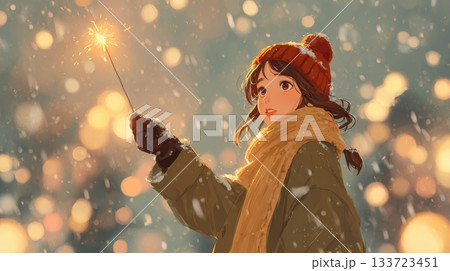 Enchanting Winter Evening with Sparkler in Hand 133723451