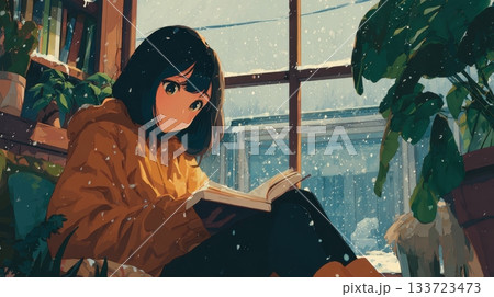 Cozy Winter Reading Scene with Anime Character in a Snowy Setting 133723473